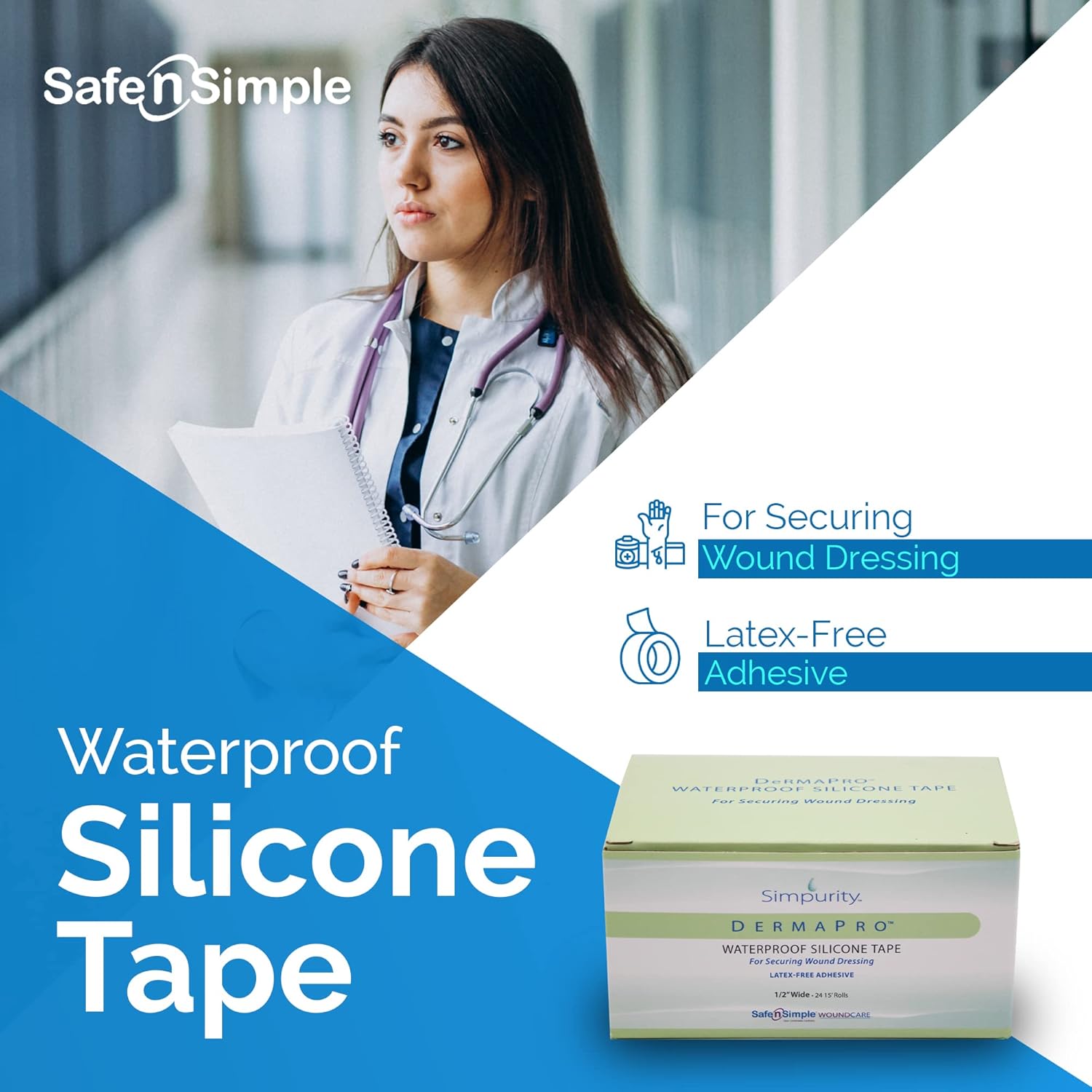 Simpurity DermaPro Silicone Tape Waterproof - 1"x15' 12 Count - Latex Free Tape Medical for Securing Wound Dressing - Waterproof Surgical Silicone Tape - Medical Tape for Sensitive Skin