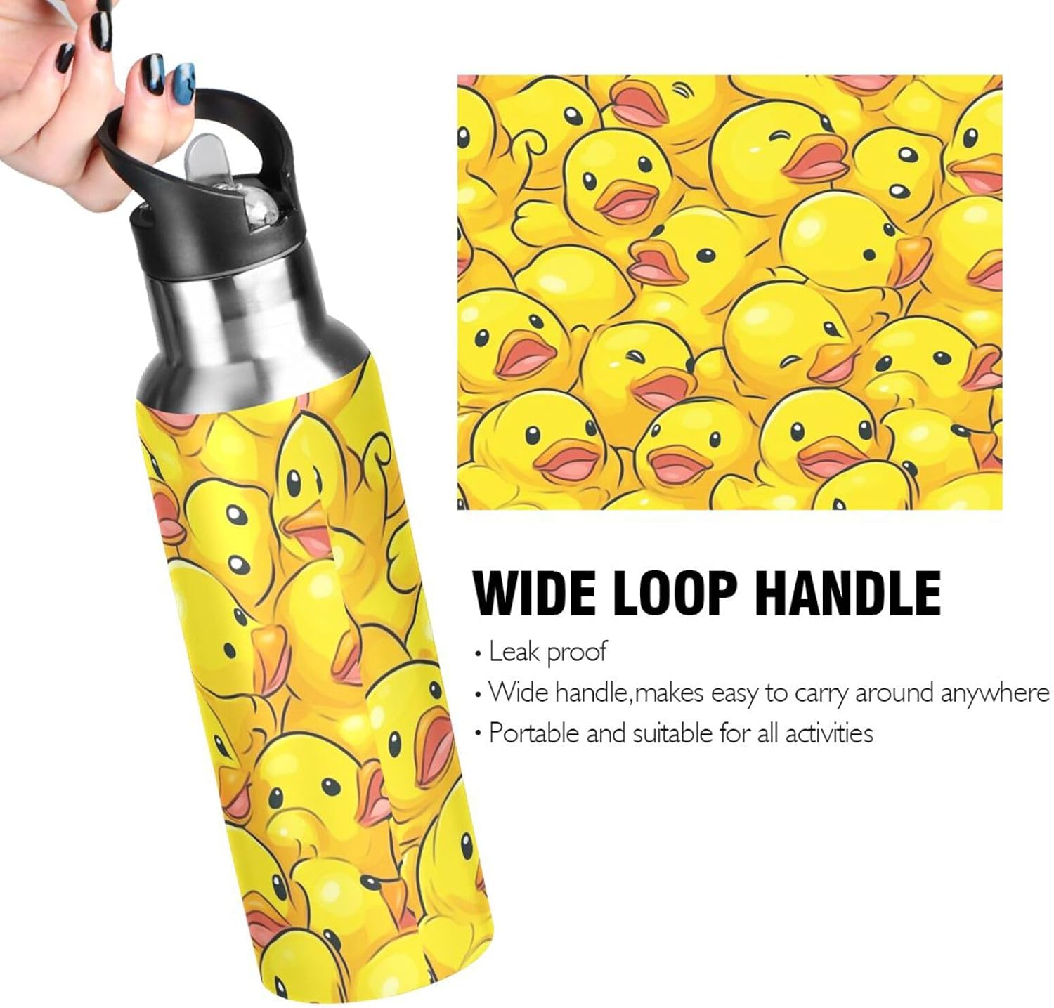 MISSING PART AND.  The sticker is removed from the halfway ‼️point. Kcldeci Cartoon Rubber Ducky Sports Water Bottle 20 Oz Straw Lid Leak Proof Vacuum Insulated Stainless Steel Hot Cold Double Walled Thermo Mug Tumbler Travel Cup Standard Metal Canteen