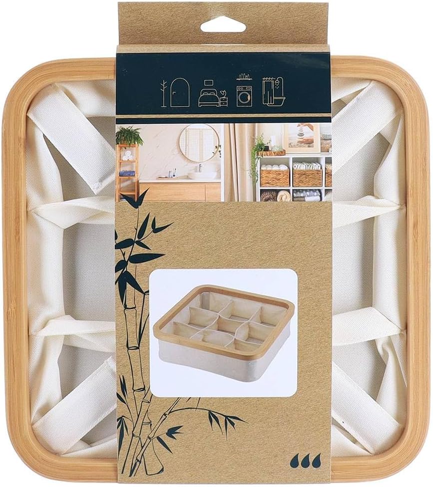 Foldable Storage Basket with Bamboo Frame and Oxford Fabric, Multi-Storage Organizer for Home and Office, Ideal for Bathroom Essentials, Set of 1 (Ecru, Square 9-Compartments 12x12x4 inches)