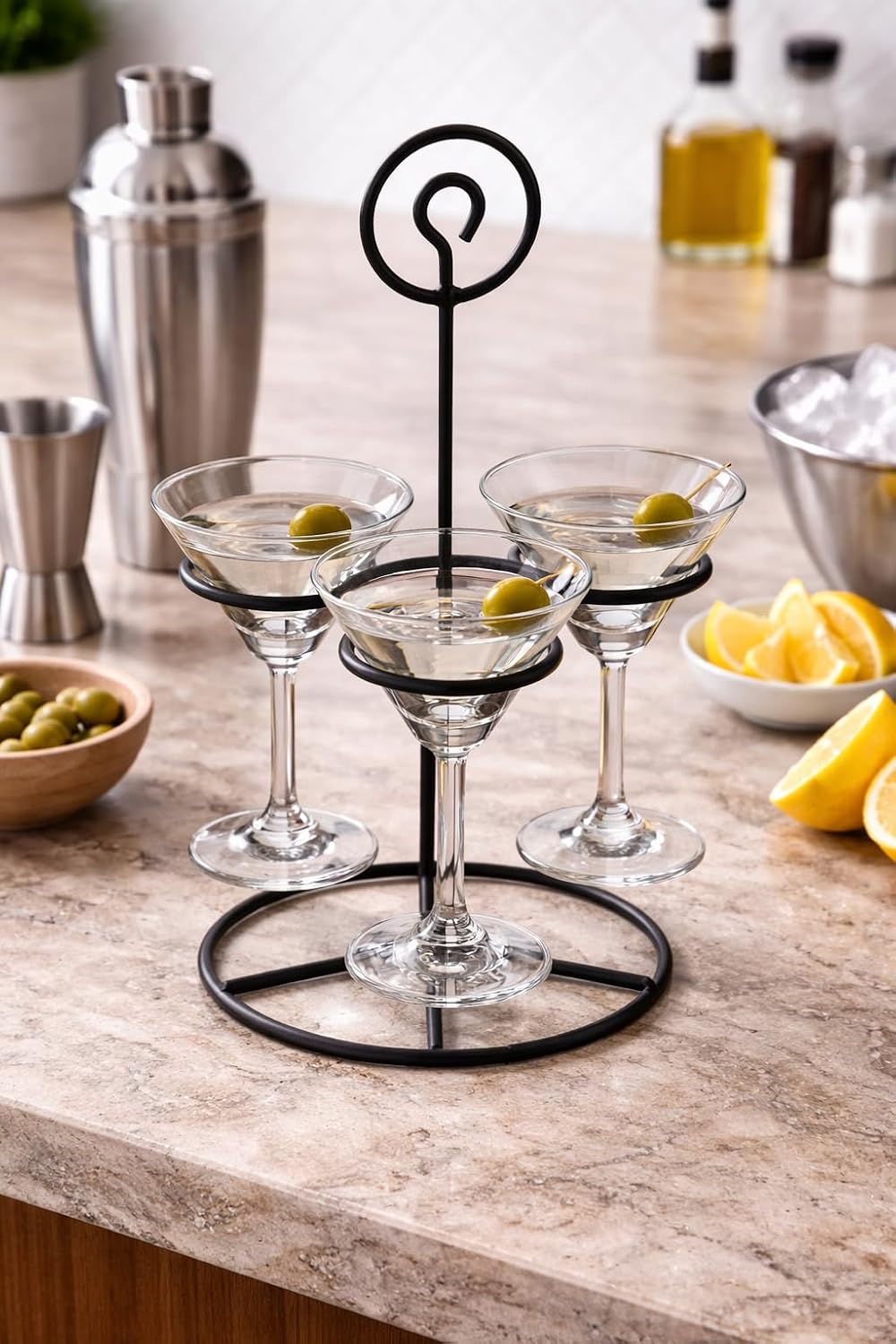 Metal Flight Carrier with 12 Mini Martini Glasses, Black 3-Ring Caddy, 3.25 oz Glass Tasting Set with Handle, 4 Piece Set for Cocktails
