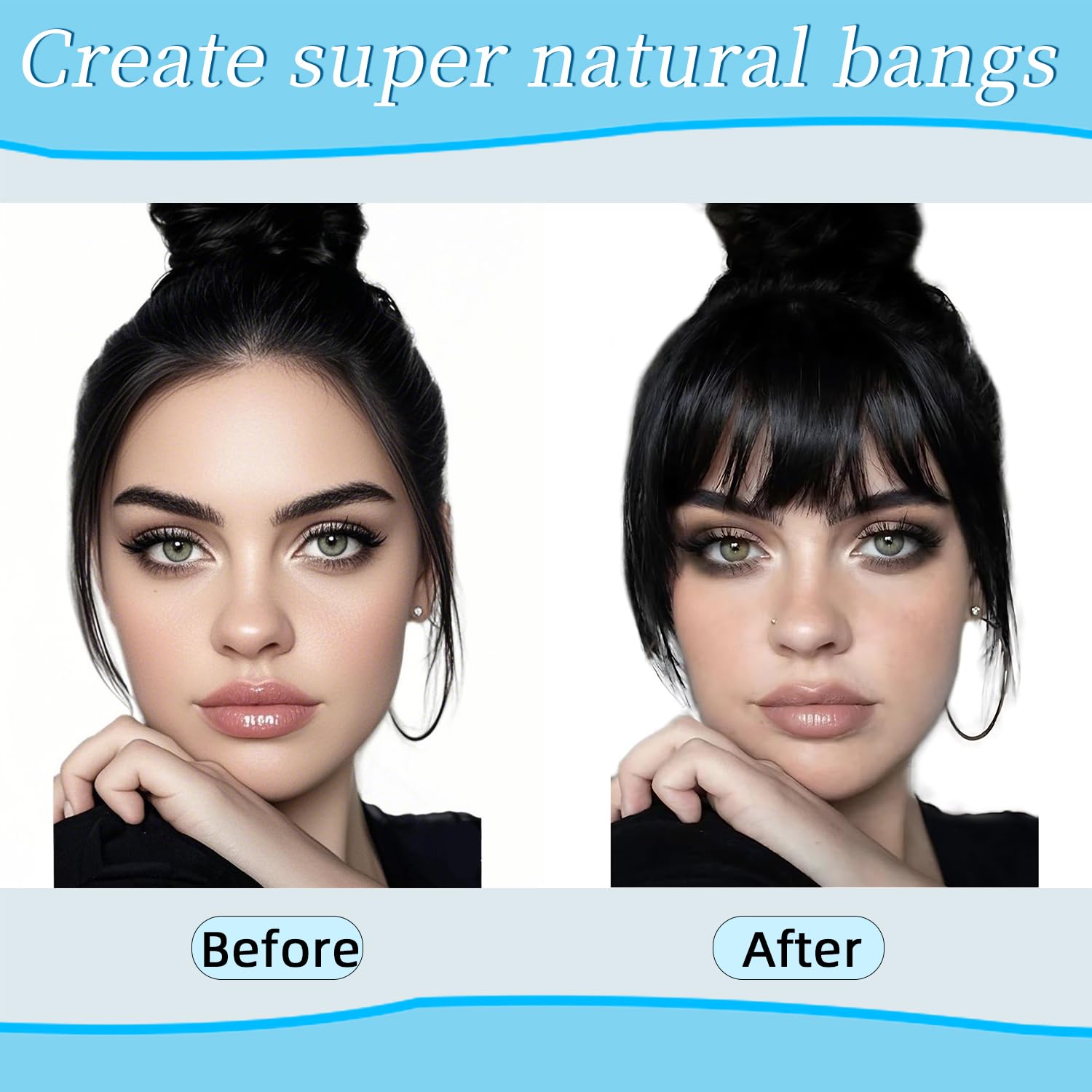 100% Real Human Hair Clip in Bangs for Women - Natural Look Fringe Hairpiece with Temples, Wispy or Curved Bangs Options(Natural Black) - Image 3