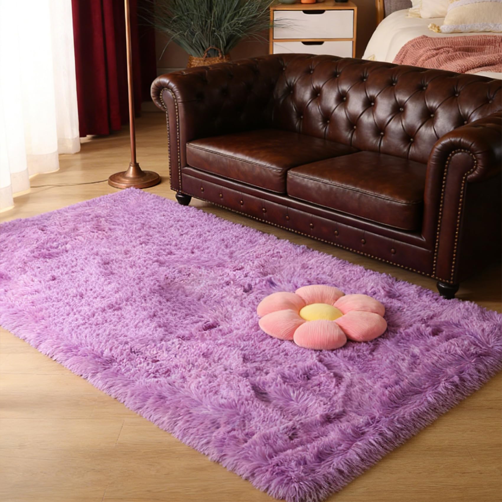 Tapis rond salon pourpre 130x240 cm lavable et antidérapant aspect fourrure