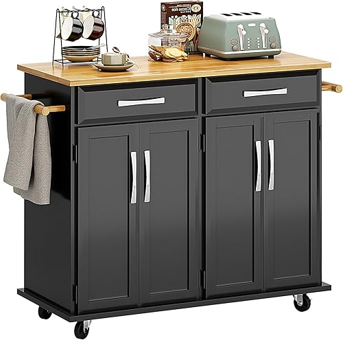 SogesHome Carrito de isla de cocina con almacenamiento, aparador de carrito de cocina y buffet con ruedas bloqueables, carrito de bar con encimera