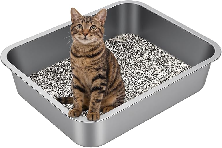 Large High Sided Stainless Steel Cat Litter Box | Sturdy Metal, Odor-free, Cat Litter Non-stick and Easy to Clean, Ideal for Indoor Cats, Kittens and Multicat Houses