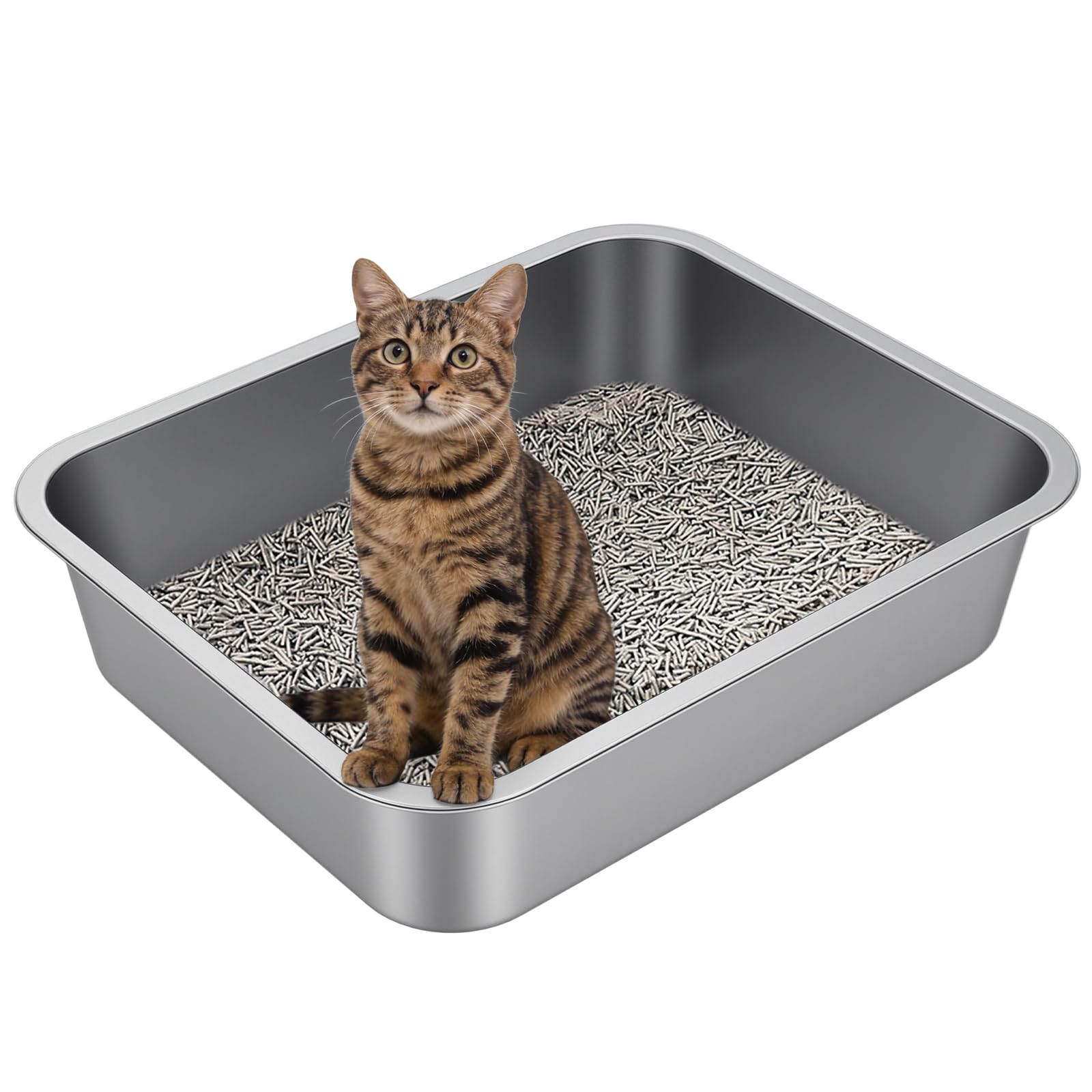 Large Stainless Steel Litter Box with High Sided, Metal Cat Litter Box, Odor-Free Non-Stick Litterbox Pan, Easy to Clean Pet Supplies Toilet Tray for Indoor Cats, Kittens or Multicat Homes