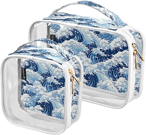 Blue Sea Waves Clear Toiletry Bag for Traveling,2 Pack Makeup Cosmetic Bag with Zipper,Travel Bag for Toiletries,Travel Essentials 21215228