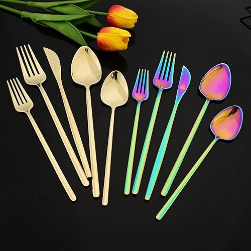Miniatura 4 de JASHII Juego de cubiertos de lujo con diseño de arcoíris brillante, acero inoxidable 1810, utensilios de cocina iridiscentes para 4, pulido con