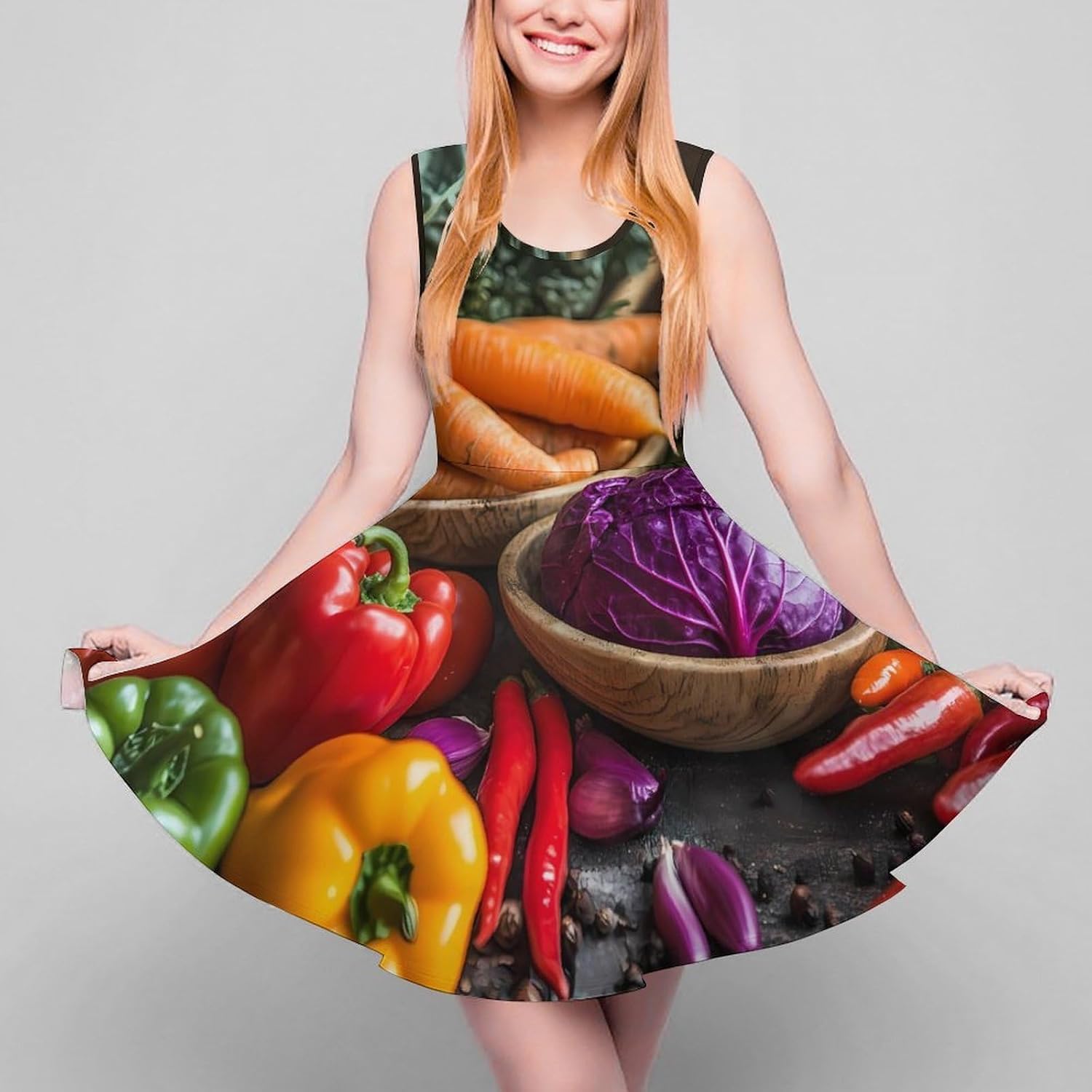 Root Crops Vegetables Women's Dresses Round Neck Dress Sleeveless Tank Dress Ruffle Hem Sundress
