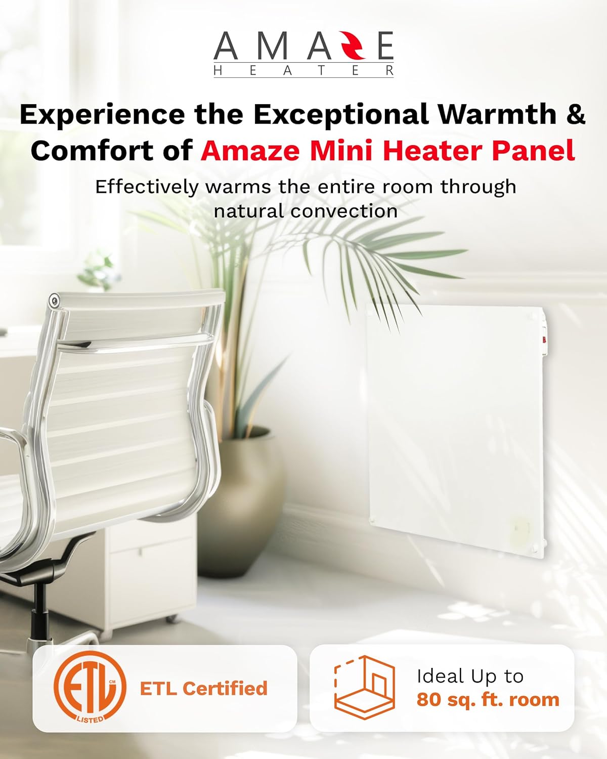 Electric Wall Heater - 250W Amaze Mini Convection Panel Heater w/Wall Mount Kit Up to 80 sq ft - 18″x24″ Paintable & Energy Efficient for Bedroom or Bathroom - Amaze Heaters