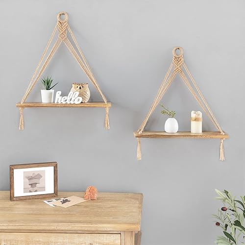 Miniatura 4 de Mkono - Juego de 2 estantes colgantes de macramé estilo bohemio para decoración de pared, estantes flotantes de madera rústica para almacenamiento