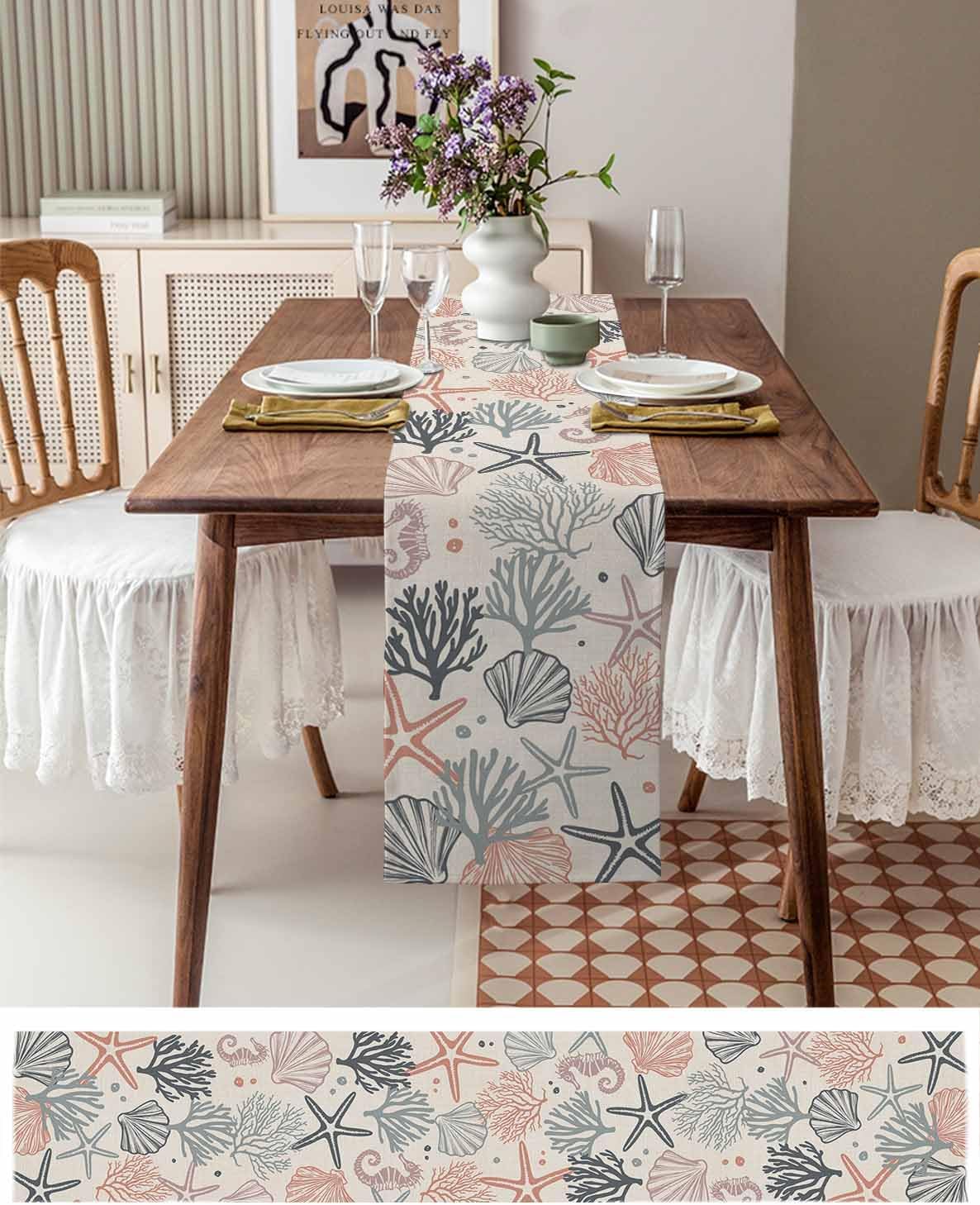 Coral Pink Grey Coastal Cotton Linen Table Runners 13"x90", Summer Beach Nautical Coffee Table Runner Dresser Scarves, Starfish Coral Rustic Table Runners for Wedding Party Banquet Dinner