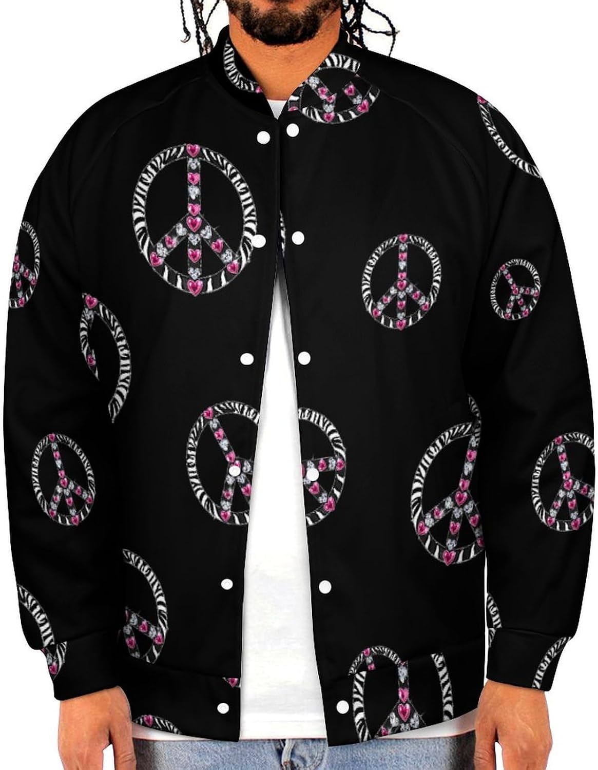 Zebra Peace Sign Diamond Novelty Men's Baseball Jackets Causal Sweatshirt Button Top Long Sleeve Coat