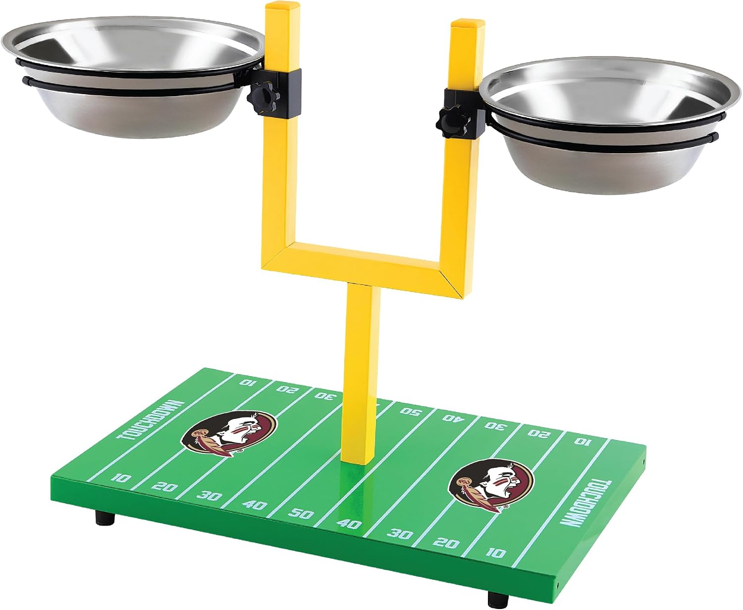 NCAA Florida State Seminoles Goalpost Football Field Dog Feeder – Adjustable Elevated Dog Bowls with Stand, 2 Stainless Steel Bowls, Non-Slip Rubber Feet, Raised Pet Feeder for Large & Small Dogs
