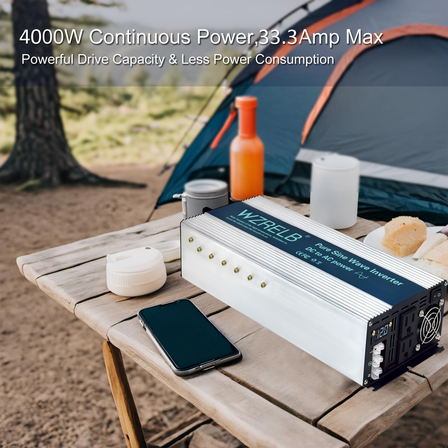 WZRELB 4000W Pure Sine Wave Inverter, Car Power Inverter 60V DC to 110V 120V AC Converter for RV, Truck, Solar, Outdoor with Dual AC Outlets, Hardwire Port, Surge 8000W, LED Display,Off-Grid