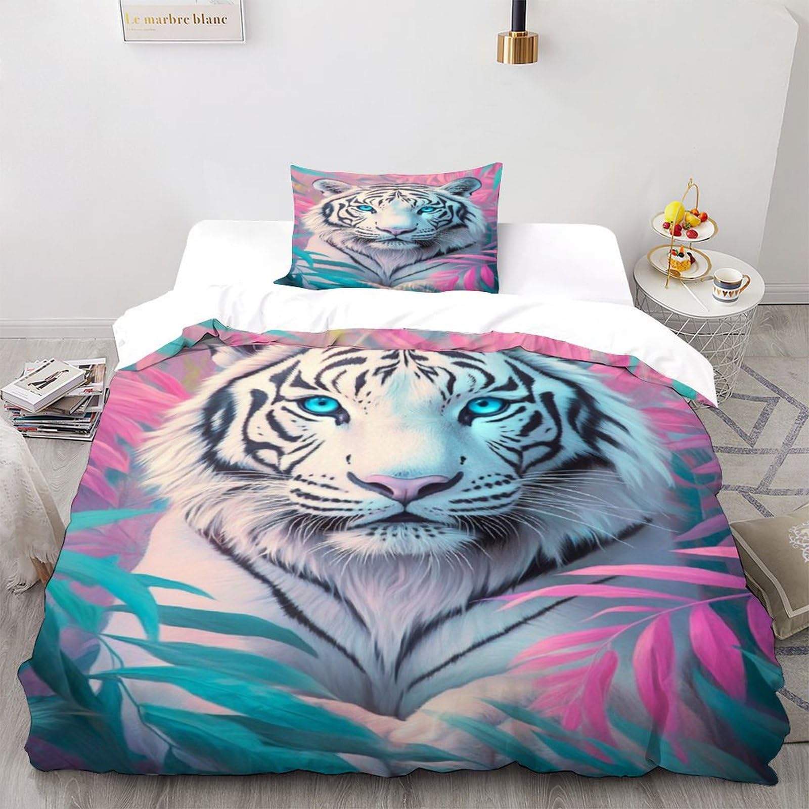XIKMLSID Juego de 2 Piezas de Tigre Blanco de la Selva edredón Animal 3D edredón Estampado Transpirable Juvenil (135x200cm)