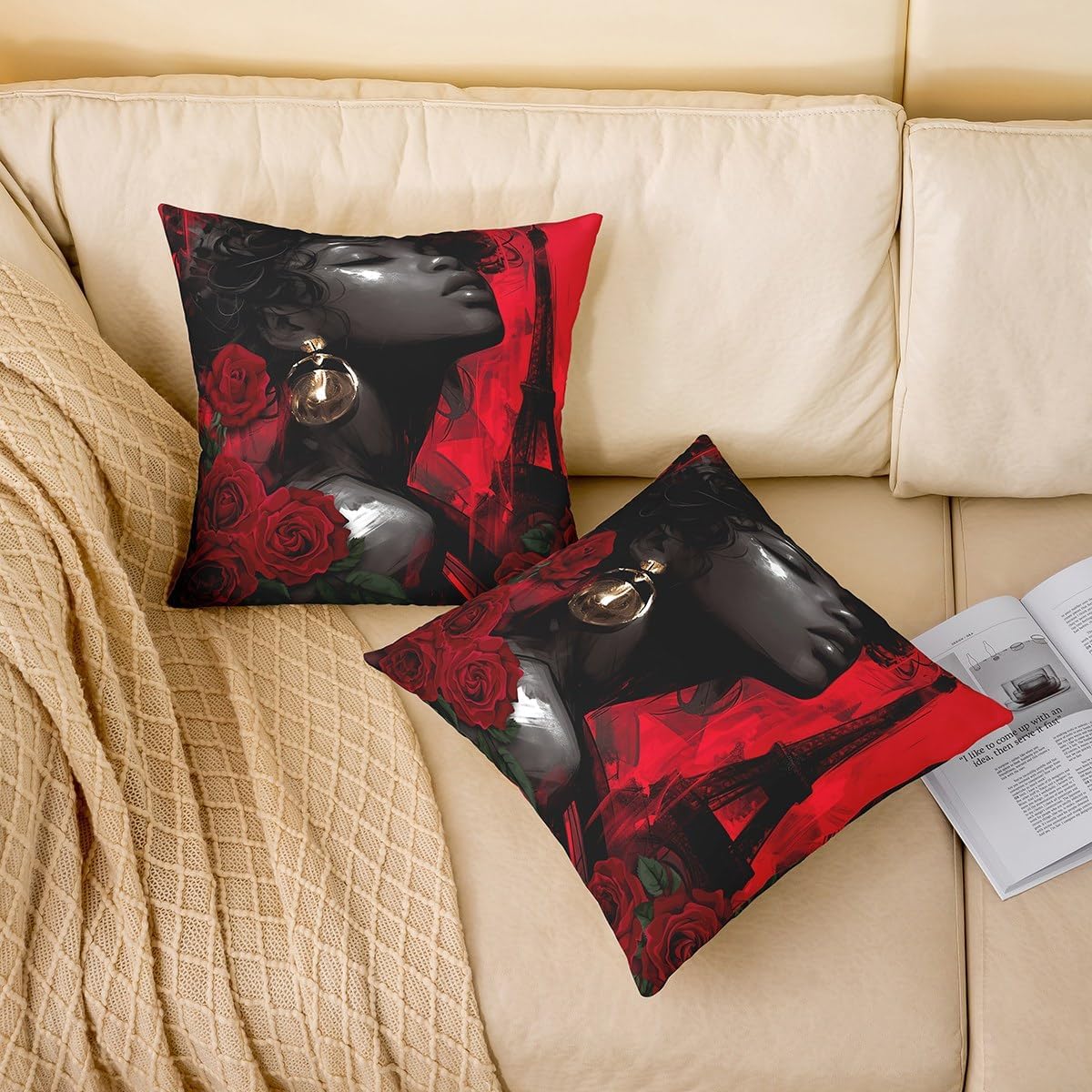 Red Rose Pillow Covers for Couch Sofa Bed,Romantic Valentine's Day Flowers Floral Pillow Cases Cushion Covers 24"x24" Set of 2,African Ethnic Style Hand Drawn Graffiti Square Cushion Cases Set