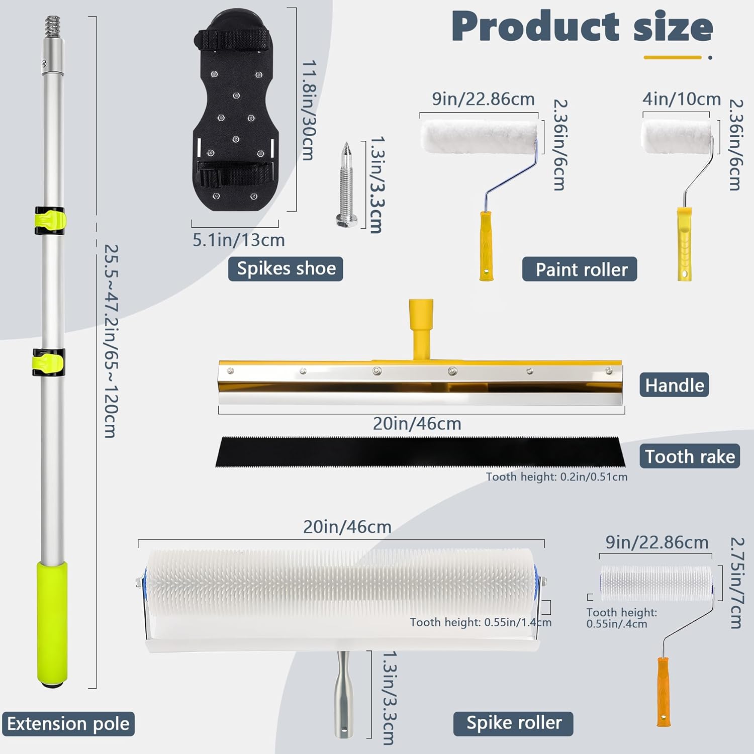 Self-Leveling Cement Tool Kit, Stainless Steel Scraper Self-Leveling Rake, Spike Roller, Floor Construction Roller, Spiked Shoes, Telescopic Pole for Beginners, Professionals