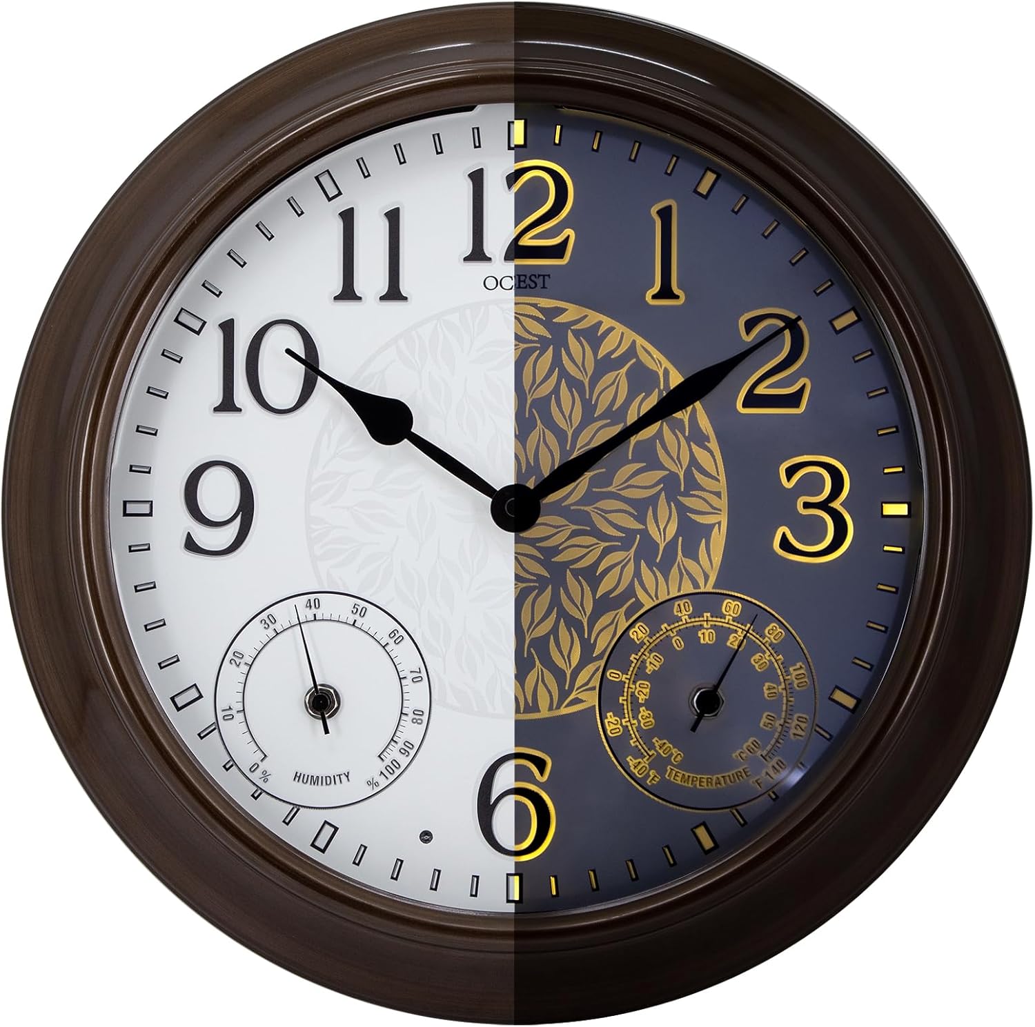 OCEST 15 Inch Illuminated Large Outdoor Clock Waterproof, Night Light Illuminated Wall Clocks with Smart LED Sensor, Temperature and Humidity Combo for Garden Patio Pool Garage (Metal)