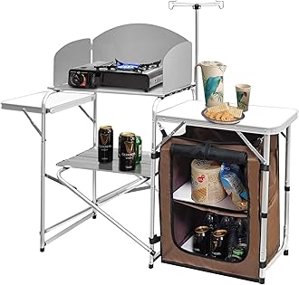 CampLand Folding Cooking Table Outdoor Portable Cook Station Aluminum Camping Kitchen with Storage Organizer, Windscreen, Hooks for BBQ, Party