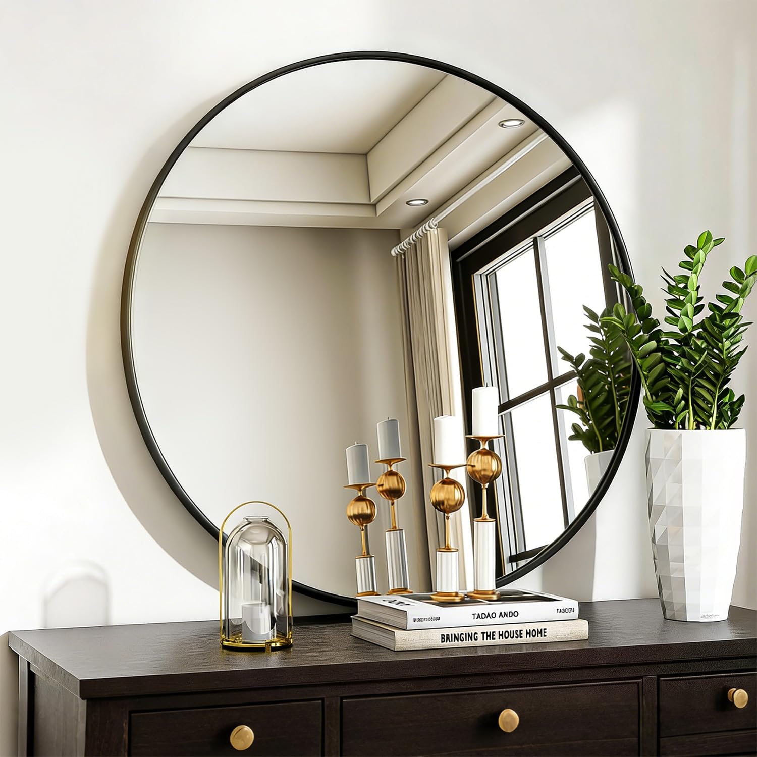 Espejo Redondo Negro 70 cm, Espejo Baño Moderno con Marco Aluminio, HD Vidrio Templado Espejos Grandes de Pared, Espejos Decorativos para Baño, Recibidor Entrada, Dormitorio, Salon