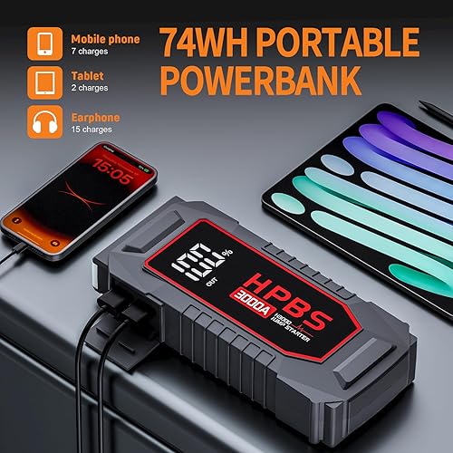 Miniatura 3 de Arrancador de vehículos de 3000 A, para todos los motores de gasolina de hasta 10L y diésel de 8L, batería portátil de 12V con pantalla LCD de 3.0