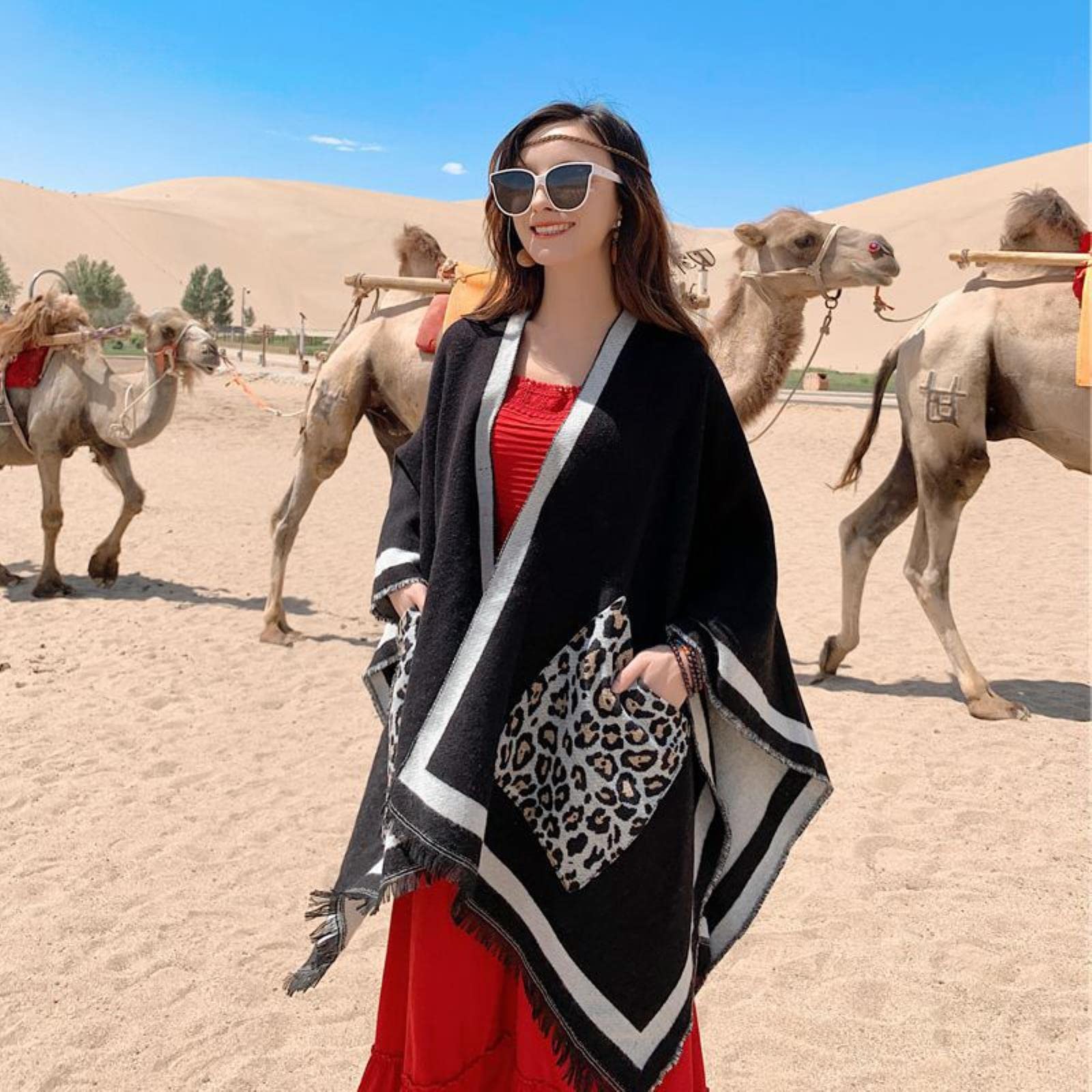 WALLBIG Bufanda de Cachemira con Estampado de Leopardo para Mujer a la Moda con Bolsillo Poncho de Invierno Chal Manta de Viaje Bufandas Pashmina