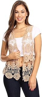Anna-Kaci Womens Floral Crochet Lace Trim Sleeveless Open Front Vest Cardigan