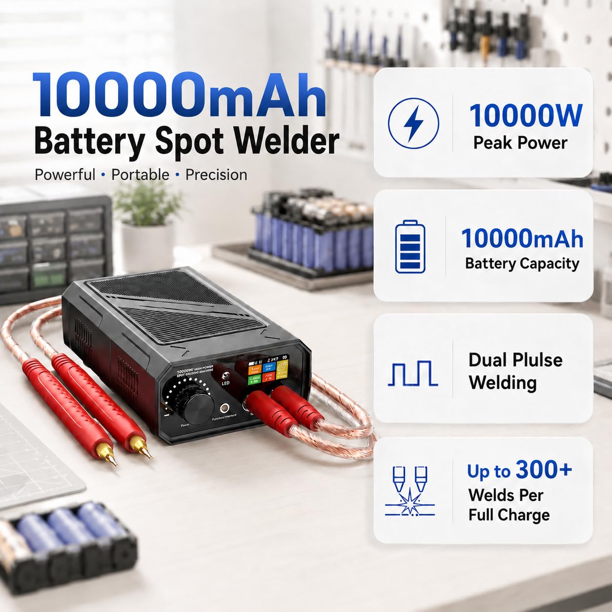 Soldadora por Puntos Portátil para Baterías, 10000W de Potencia Máxima, Batería Integrada de 10000mAh, Soldadora de Doble Pulso con 90 Niveles Ajustables, Modos Automático y Pedal