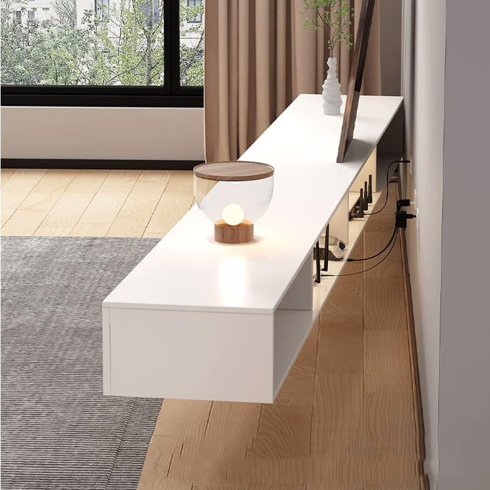 Modulo TV Soporte flotante simple y moderno for TV montado en la pared con puerta abatible de vidrio y cajones, centro de entretenimiento moderno de alto brillo de 78,7 ''/86,6 '' for debajo del telev