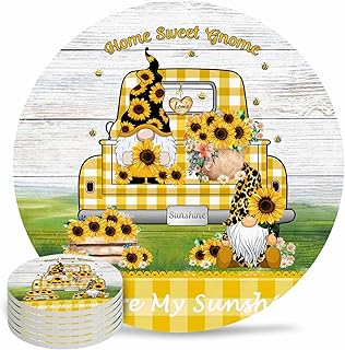 Coaster for Drinks 6 Pack,Farm Truck with Gnome Sunflower Absorbent Round Ceramic Stone with Cork Base,White Wood Board Buffalo Yellow Plaid Drink Coaster Cup Mats for Home Dining Coffee Tables