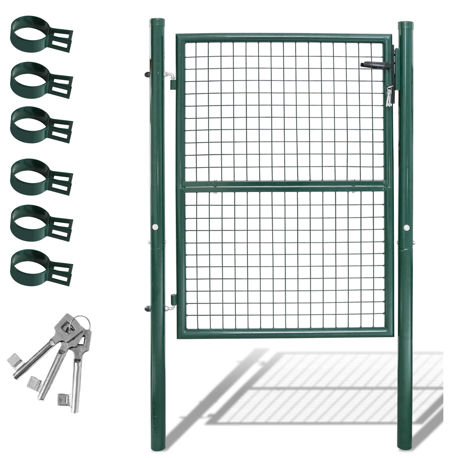 Fiqops Portail de jardin, 125 x 100 cm, vert, en acier galvanisé, avec serrure, poignée de porte et 3 clés, résistant aux intempéries, robuste et durable