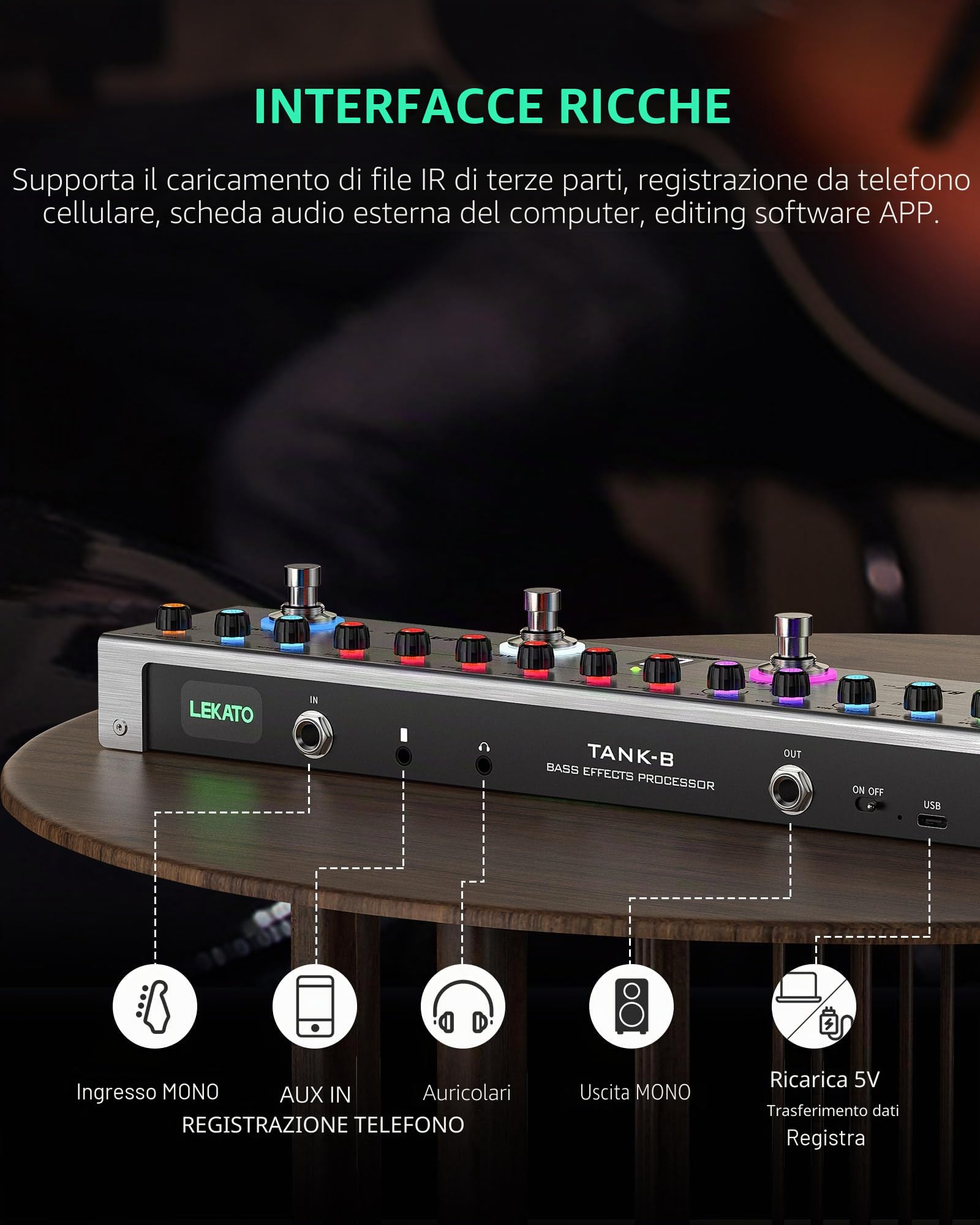 Pedale multieffetto per basso LEKATO con 36 preset, 4 moduli, amplificatore, compressore, mod, riverbero, IR CAB, sintonizzatore, connessione BT, registrazione, controllo app(Il basso)