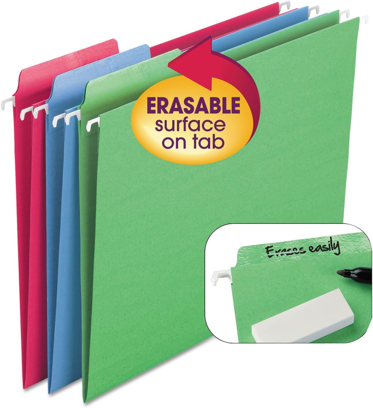 Smead Erasable FasTab Hanging File Folder, 1/3-Cut Built-in Tab, Letter Size, Assorted Primary Colors, 18 per Box (64031), Primary Color Assortment