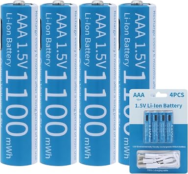 بطاريات ليثيوم قابلة لإعادة الشحن AAA - 4 عبوات من بطارية ليثيوم أيون قابلة لإعادة الشحن USB-C 1.5 فولت 1100 ميجاوات في الساعة مع شاحن USB إلى Type-C 4 في 1 وكابل شحن سريع وبطارية AAA عالية الإخراج 1100 ميجاوات في الساعة