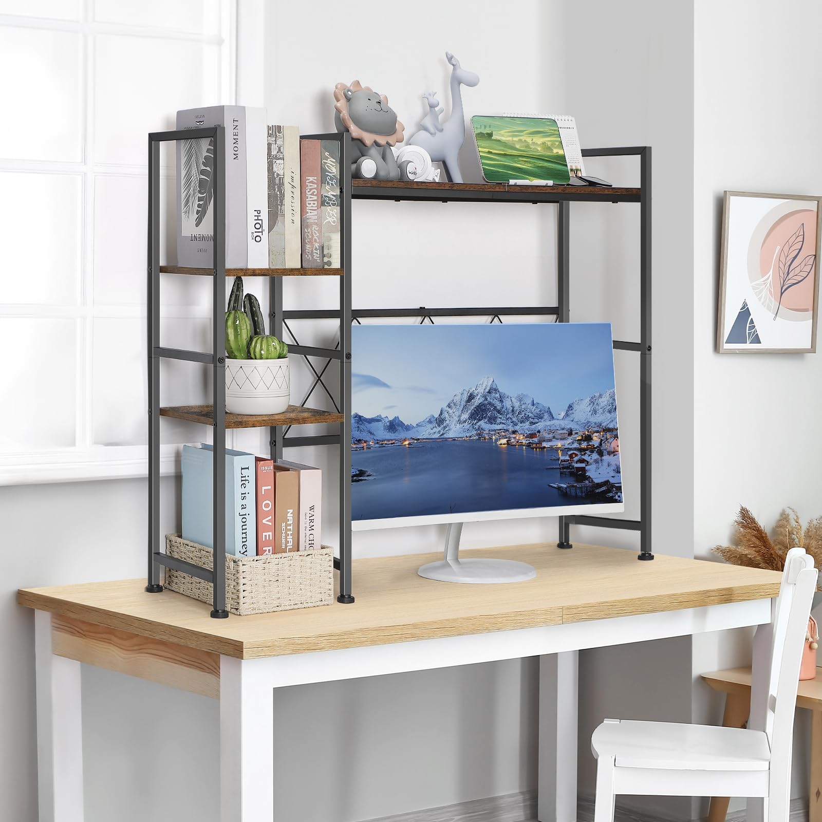 YBING Libreria da scrivania per computer, multiuso, a 3 livelli, con espositore organizer marrone, mensola per scrivania, solo per ufficio, casa, dormitorio, soggiorno