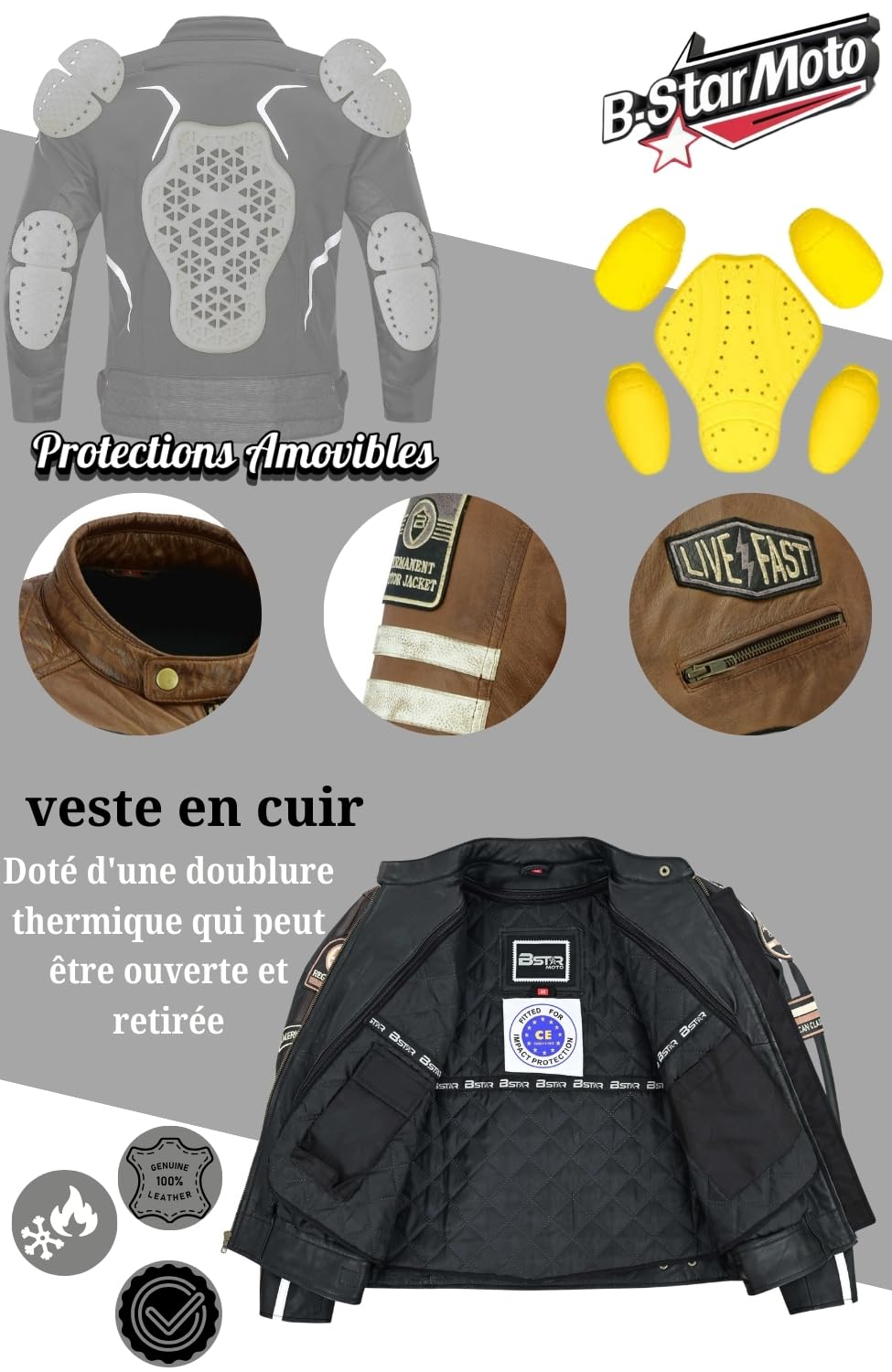 Veste de Moto En Cuir Pour Femme- Blouson Avec Protection Douce Cuir Et Vent Armure Corps été Hiver Tourisme Motard Blinde Marron