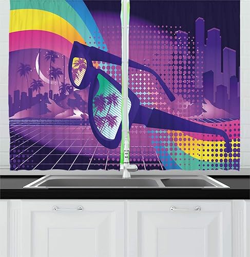 Miniatura 1 de Ambesonne Synthwave Kitchen Curtains, Retro Futuristic City with Palms and Skyscrapers Rainbow and Glasses, Window Drapes 2 Panel Set for Kitchen