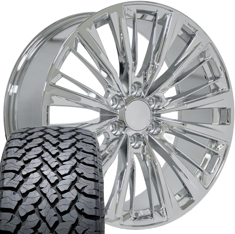 OE Wheels CA93 22 Inch Rims and Tires Fit Escalade-V Series Style 6x139.7 22x9 Chrome - Hollander 4882 - TS-37 AT 285/45-22 (Set of 4)