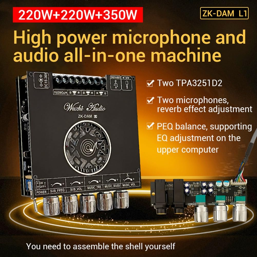Dam L1 Carte d'amplificateur de puissance Bluetooth stéréo 2 x 220 W + 350 W Bluetooth 5.0 Module amplificateur de puissance numérique B