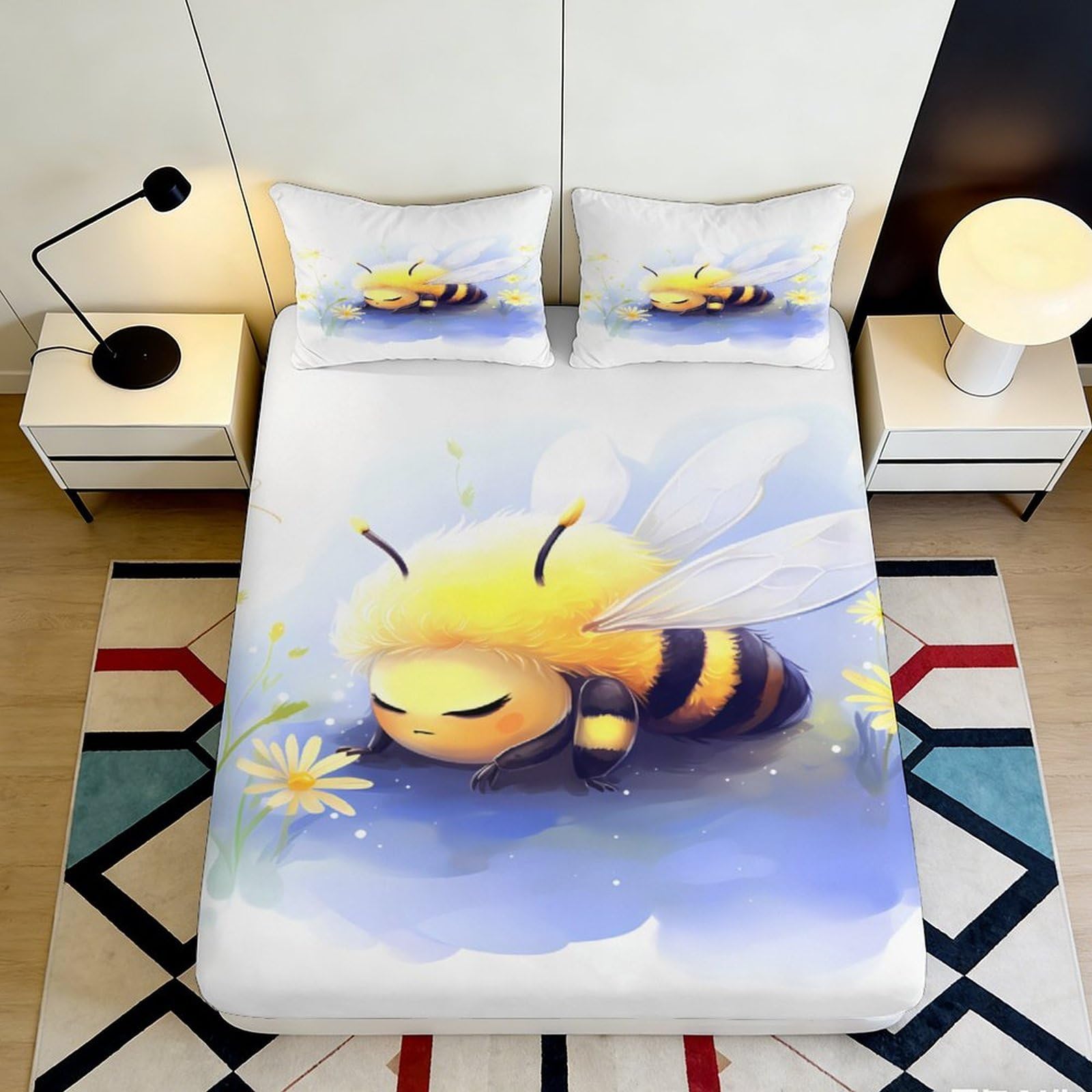 3D Printed Cute Bumblebee Fitted Sheet Microfiber Soft Yellow Cartoon Bee Mattress Cover for Bedroom Dorm Bed Protection Decor 180x200x25cm