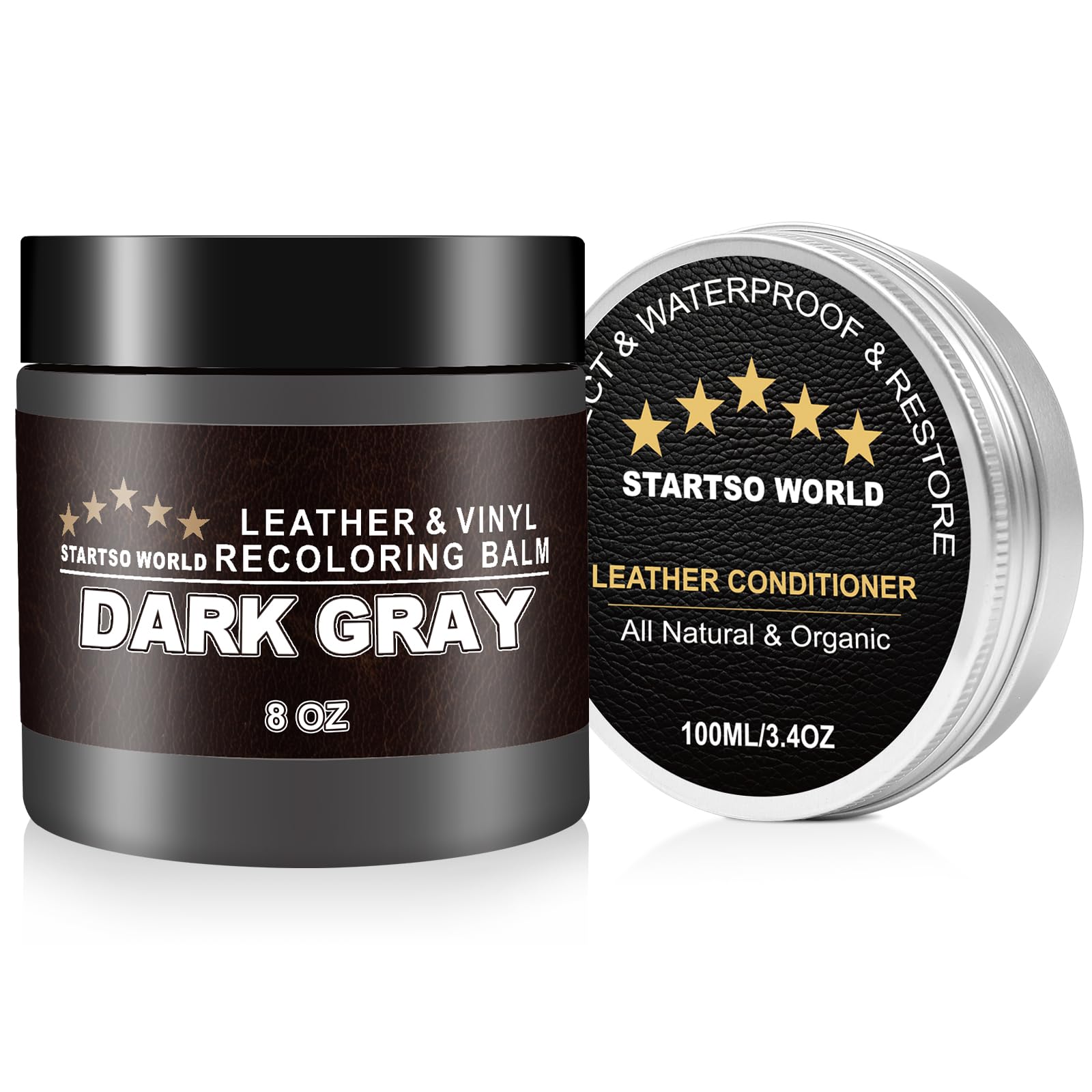 STARTSO WORLD 200Ml Leather Recoloring Balm with 100ML Leather Conditioner,Dark Gray Leather Repair Kit for Furniture, Leather Dye, Leather Scratch