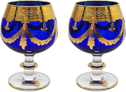 Interglass Italy Juego de 2 vasos de cristal, chapados en oro de 24 quilates (chupetes de coñac, azul)