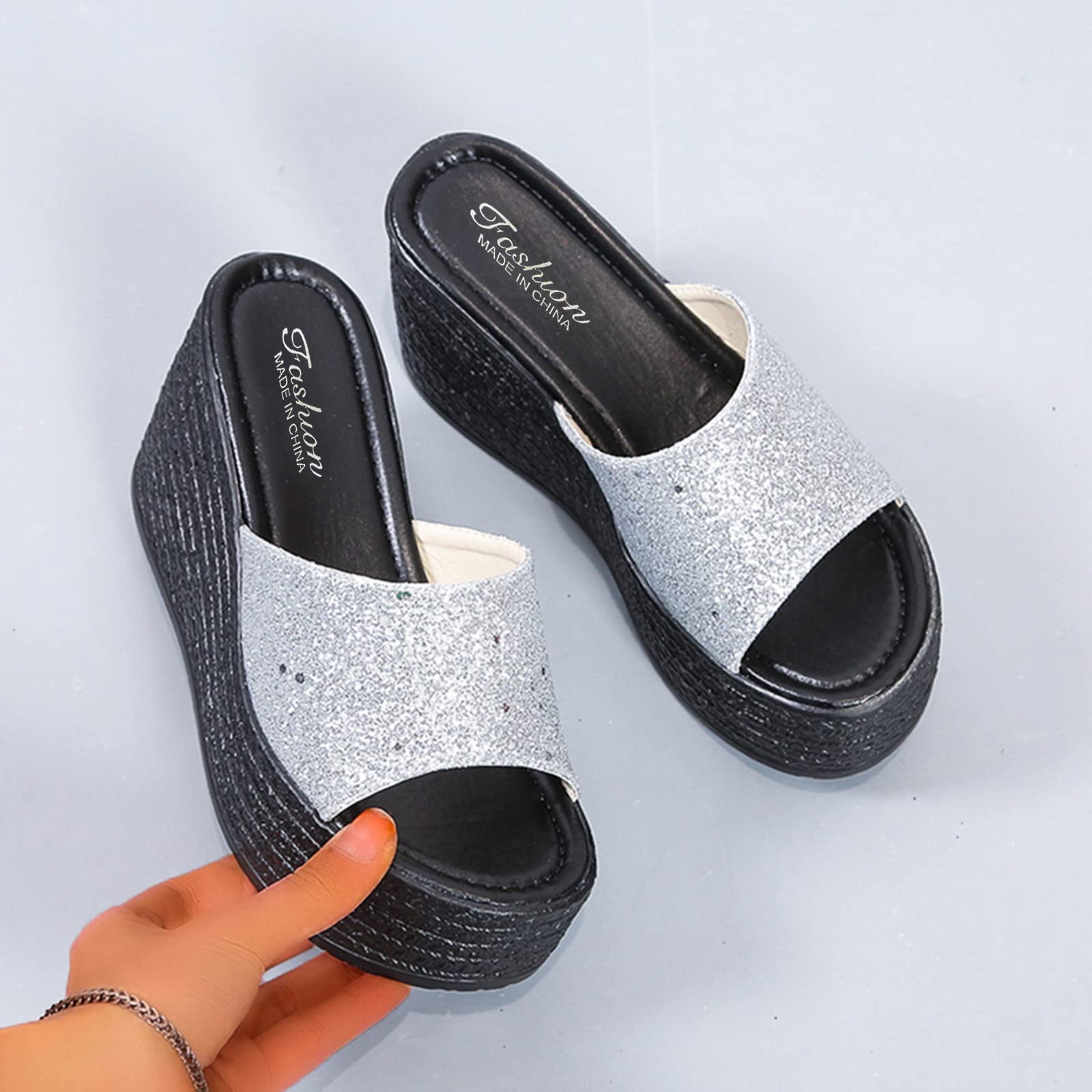 Pantuflas de casa para mujer, informales, con lentejuelas, con plataforma, boca de pez, a la moda, para mujer, Silver, 40 EU