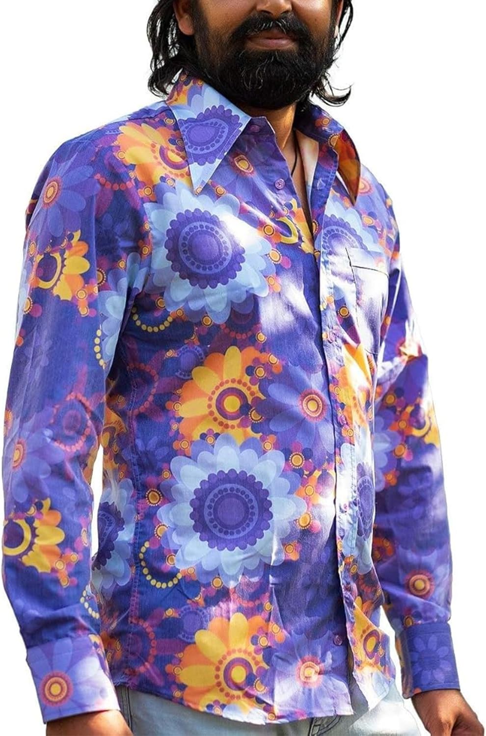 Mens 70s Disco Hip Hop Shirts Casual Button Down Paisley Floral Vintage Long Sleeve Large Collar Shirt - Image 2