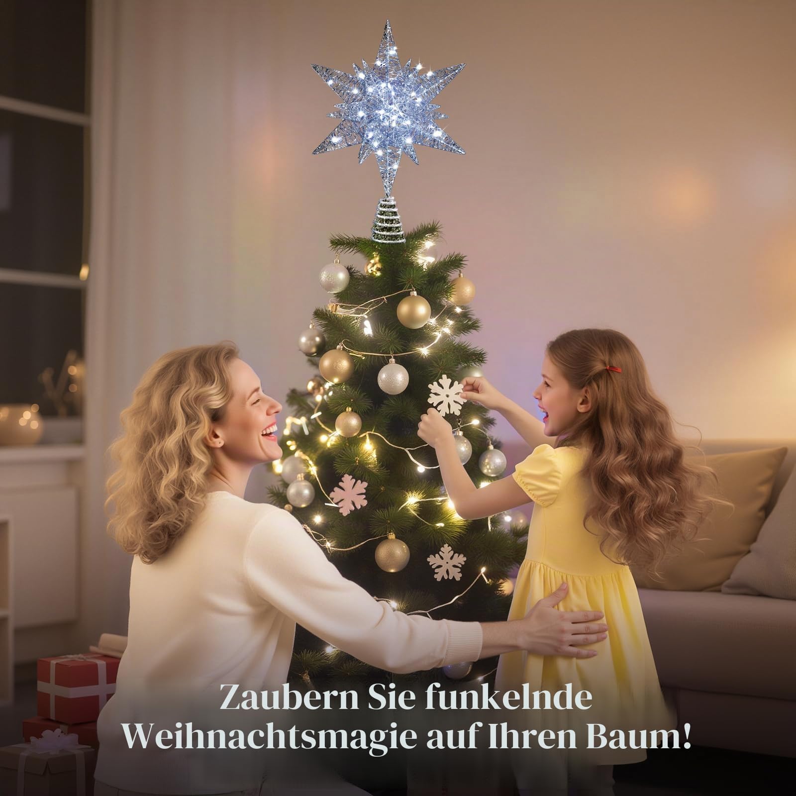 Lewondr Weihnachtsbaum Spitze Stern, 3D Sechseckig LED Lampe Weihnachtsstern Baumspitze mit Timer & 8 Lichtmodi, USB-betrieben Fernbedienung Weihnachtsdeko Beleuchtung Weihnachtsbaum Stern, Silber