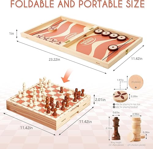 Miniatura 3 de RM ROOMERS Juego de discos rápidos de madera 4 en 1 para adultos, ajedrez, damas, Tic Tac Toe, juegos de mesa de viaje plegables portátiles, juegos