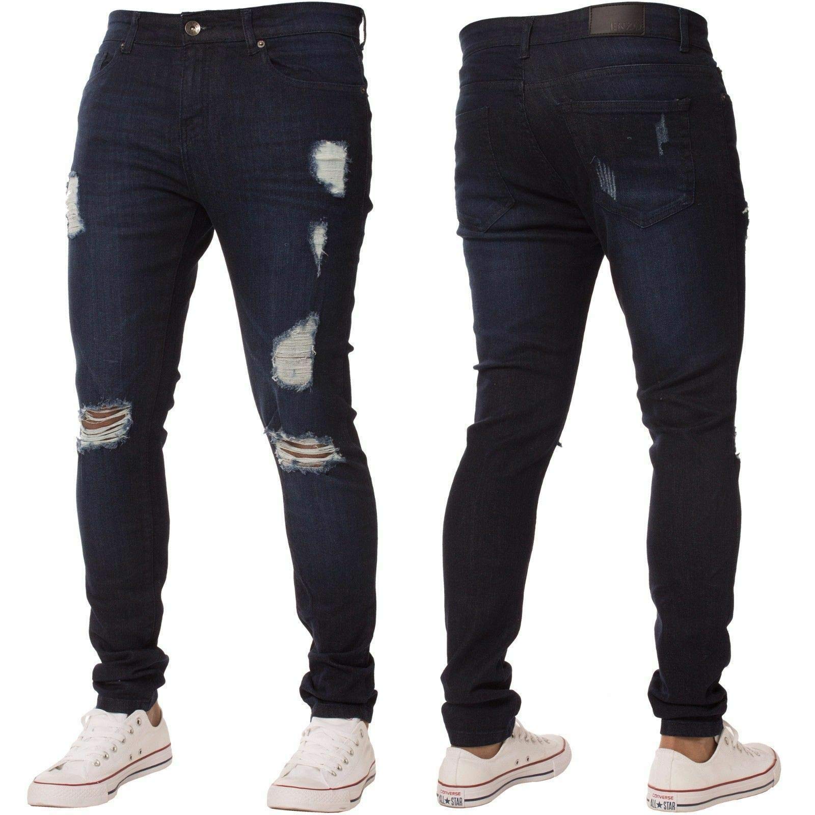 Enzo Men's Blue New Skinny Jeans Ez383 Super Stretch Ripped Style Denim Pants Trousers (28R, Ez383 Dark Stonewash)
