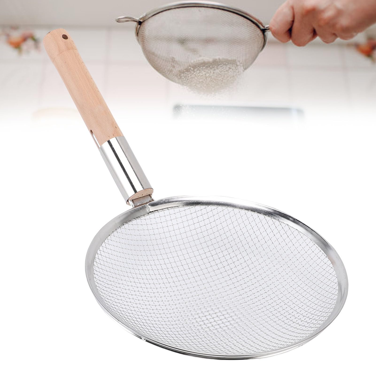 Yosoo Health Gear Cucchiaio per Schiumarola, Colino per Alimenti a Maglia Fine in Acciaio Inossidabile con Manico in Legno, Manico da 10 Pollici, Filtri Olio e impurità, Impugnatura Resistente Al