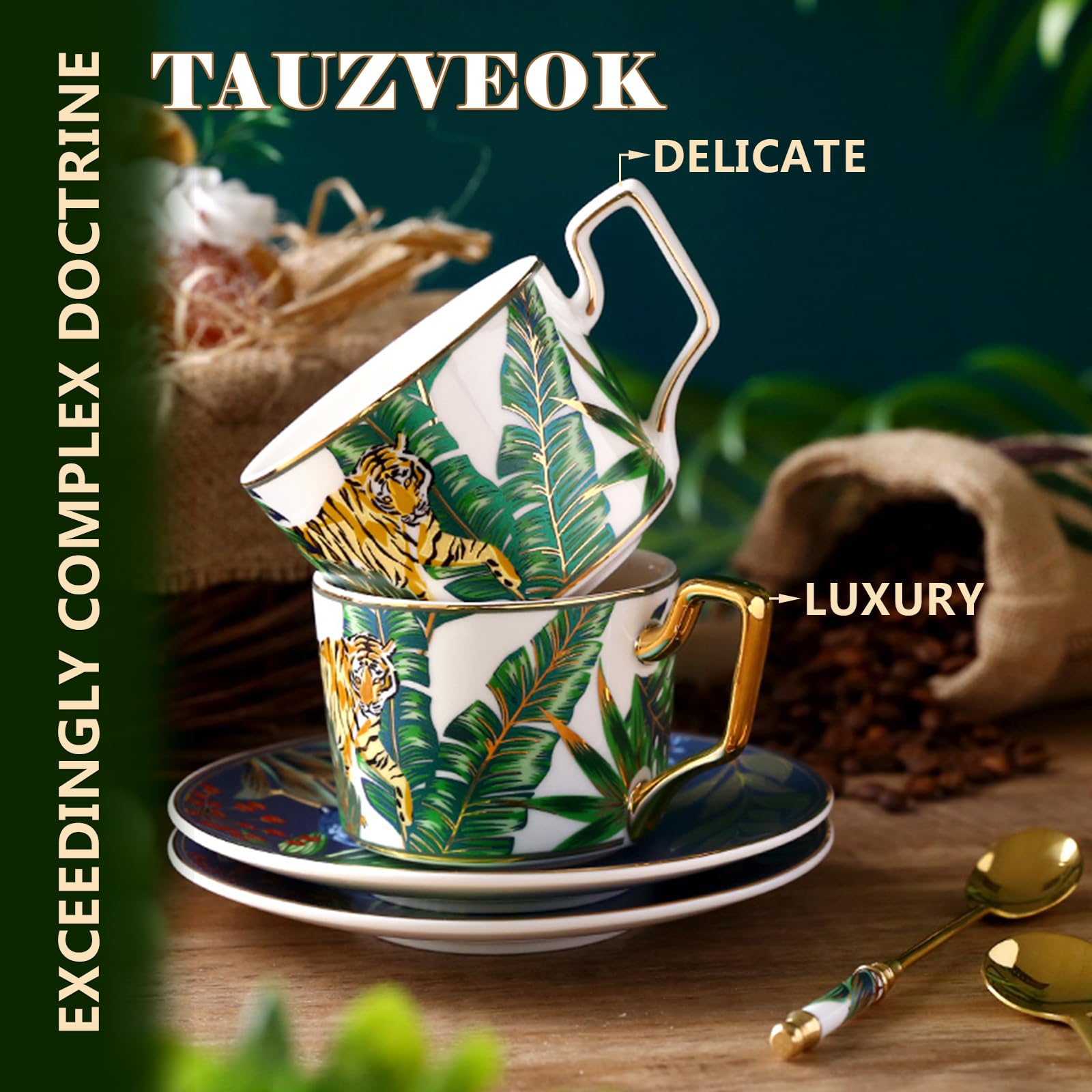Juego de tazas de café y platillo, tazas de porcelana con estampado animal para capuchino, té, espresso, tazas de café coloridas para uso doméstico y de oficina, juego de 6 piezas
