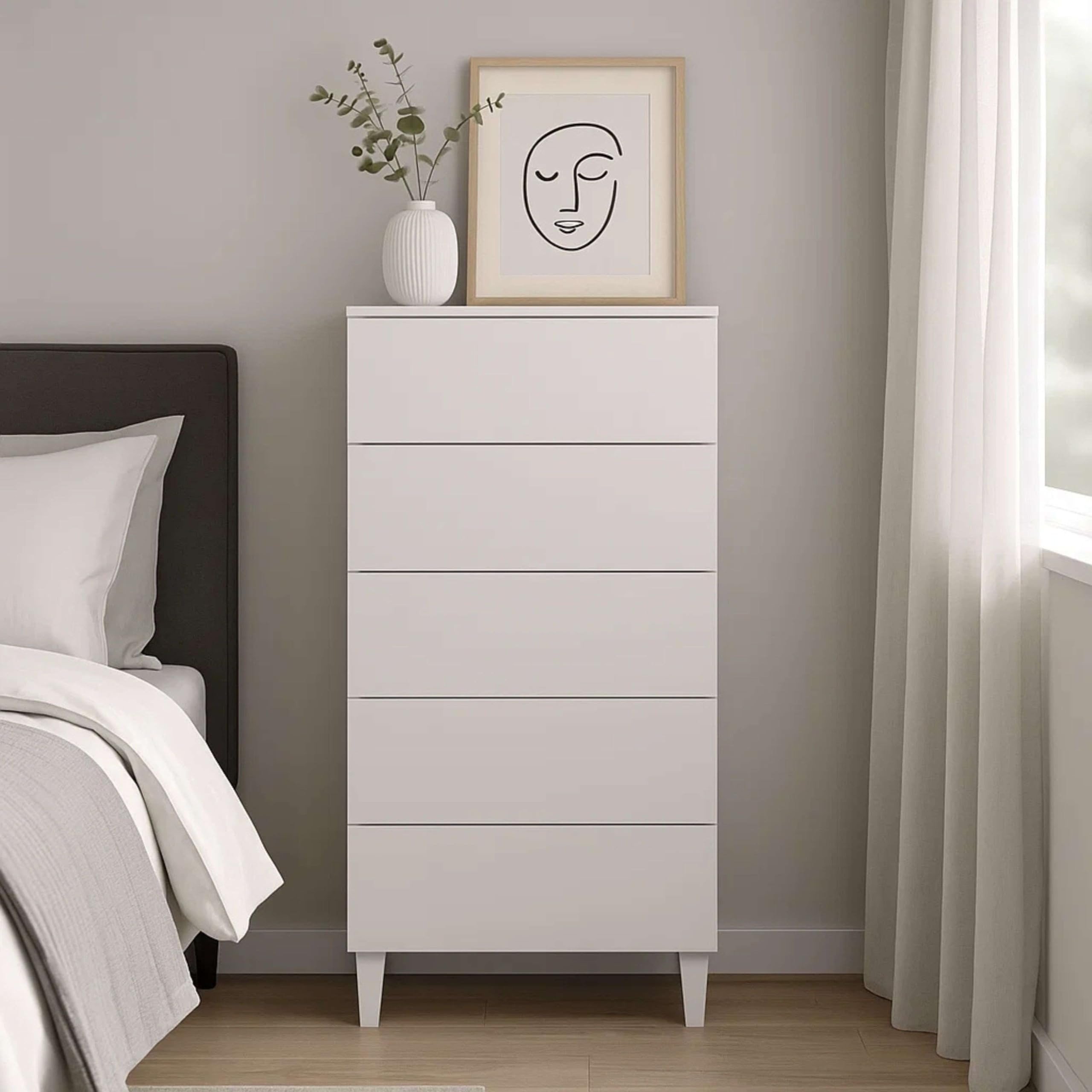 Habitdesign Cómoda 5 Cajones, 117x61x40 (AltoxAnchoxFondo-en cm), Sinfonier Dormitorio Color Blanco Brillo, Modelo Loft